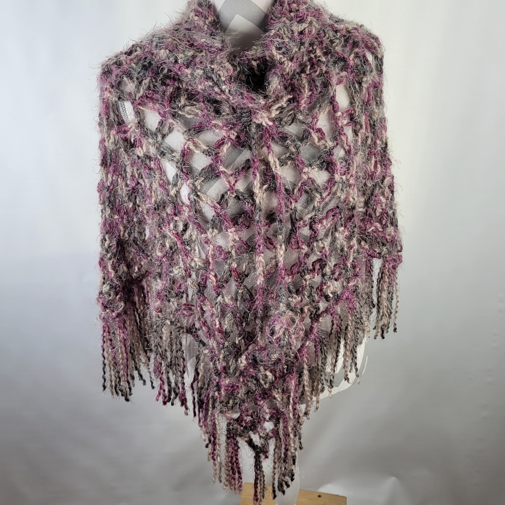 Handmade Crochet Poncho with Hanging Knit Balls One Size Purple Marled